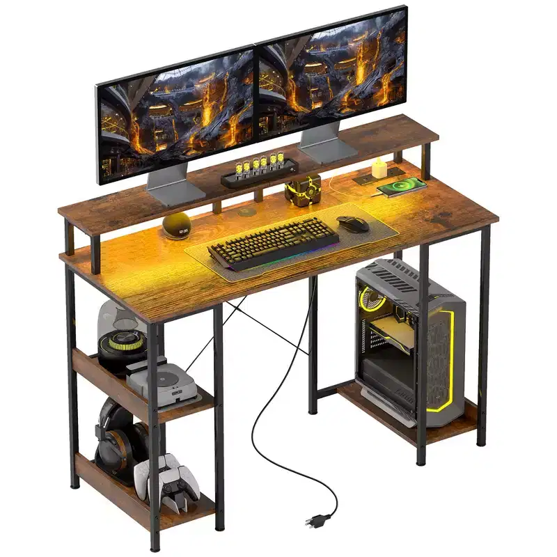 47 Inch Computer Desk with Charging Station and RGB Lights Reversible Study Desk with Monitor Stand