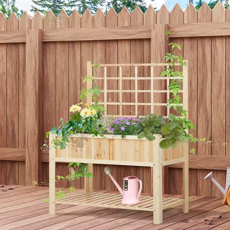 47'' Wooden Raised Garden Bed with Trellis, Coutryside Style Elevated Planter Box Stand with Open Storage Shelf, Spacious Planting Area for Vegetables