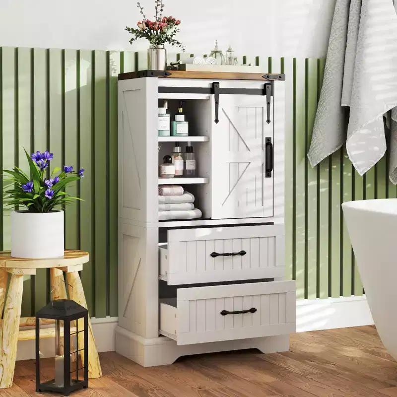 Costway Farmhouse Bathroom Floor Cabinet w/Sliding Door Adjustable Shelves & 2 Drawers