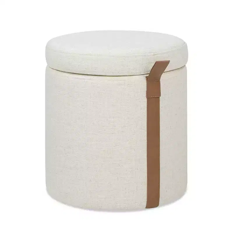 14 Round Upholstered Storage Ottoman with Leather Accent