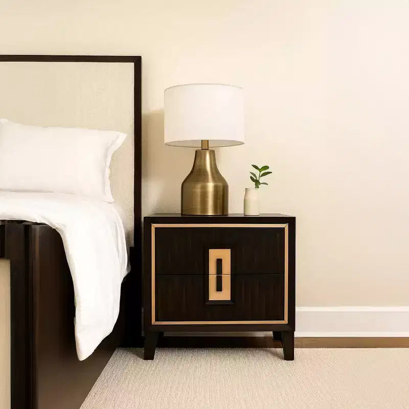 2-Drawer Nightstand, 27 Inch, Espresso Brown with Gold Accents, Solid Wood Blend