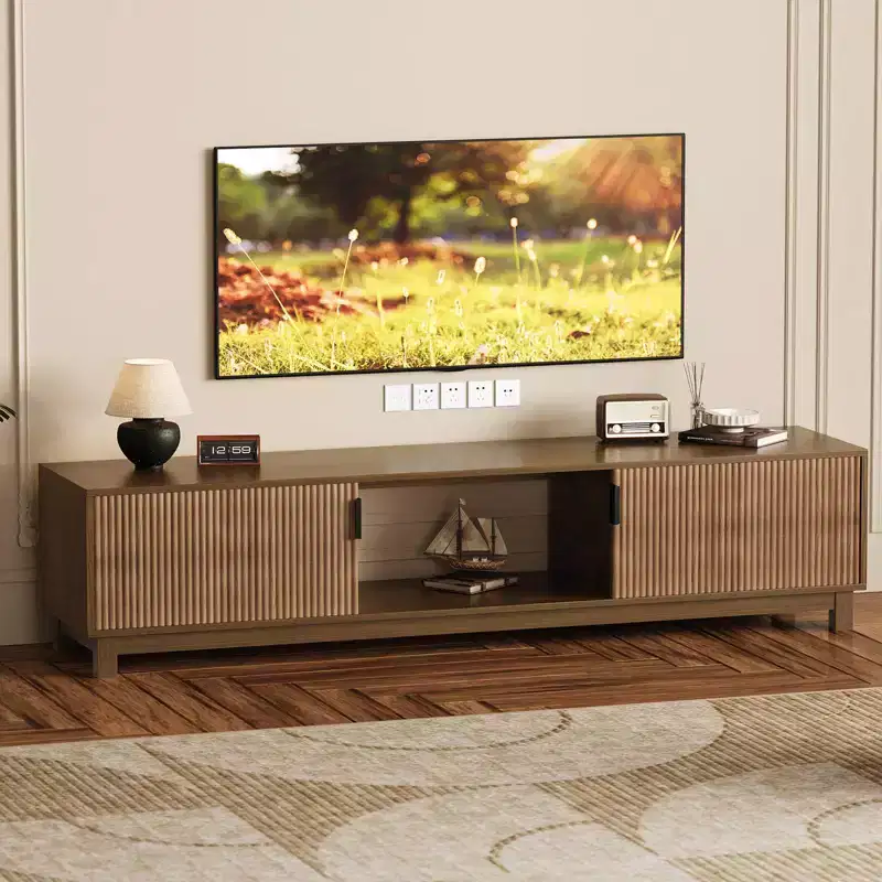 Fluted Under TV Cabinet, Mid Century Modern TV Stand with Open-Shelf Storage, Wooden TV Stands for Living Room Apartment, Walnut