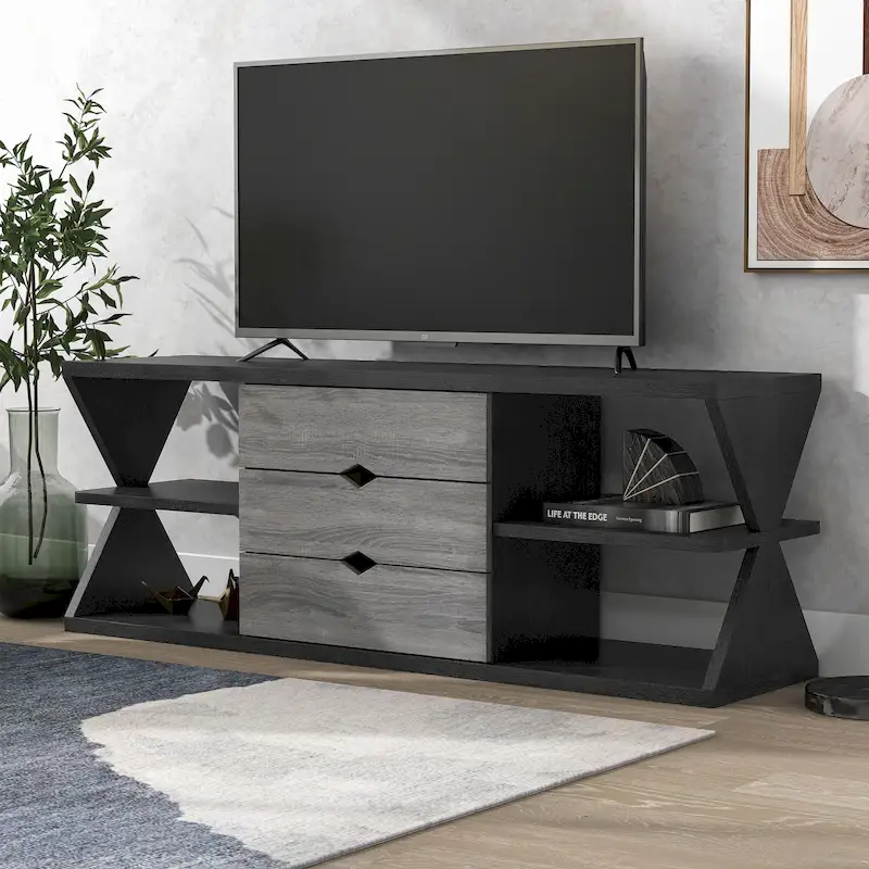 Modern Black and Distressed Grey 60-inch 4-Shelf TV Console with 3-Drawer