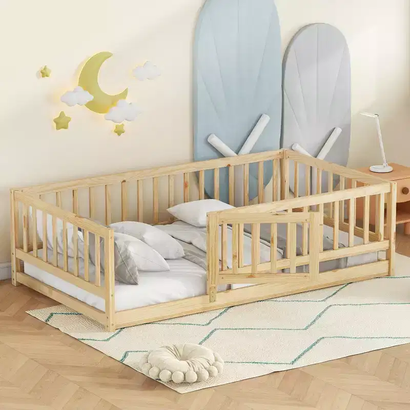 Twin/Full Size Kid Floor Bed with Fence & Door, Montessori Floor Bed Frame for Toddlers, Doubles as Play Area - ModernLuxe