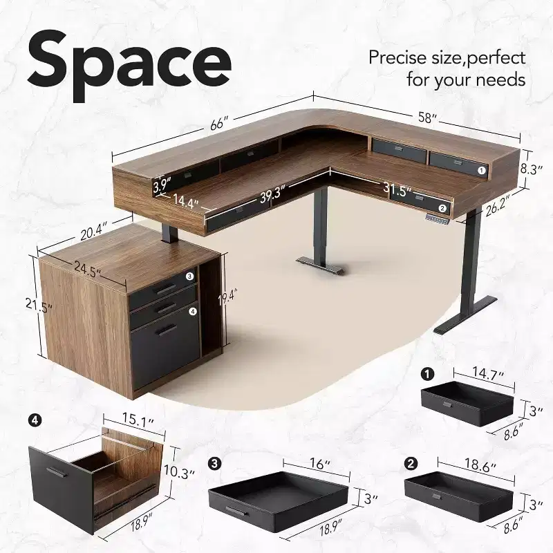 L-Shaped Electric Standing Desk with Storage Drawers and File Cabinet, Walnut