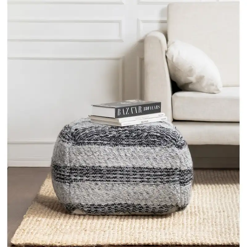 Grey Striped Handwoven 24-Inch Square Pouf Ottoman