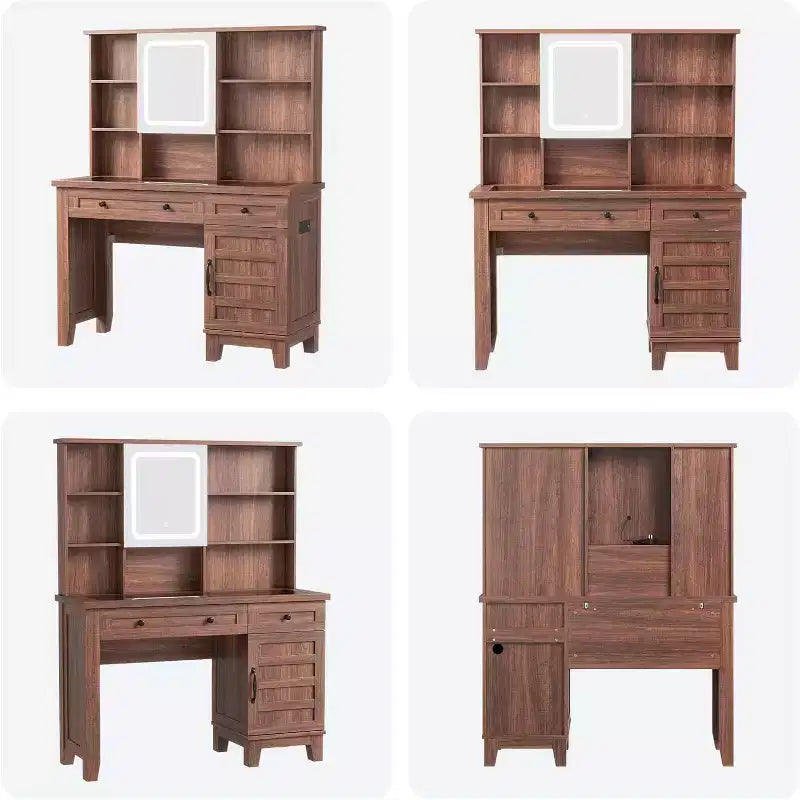 Vanity Desk with HD Mirror, LED Lights and Charging Station, Farmhouse Makeup Table with 2 Drawers & Cushioned Stool Dressing Table Shelves for Home