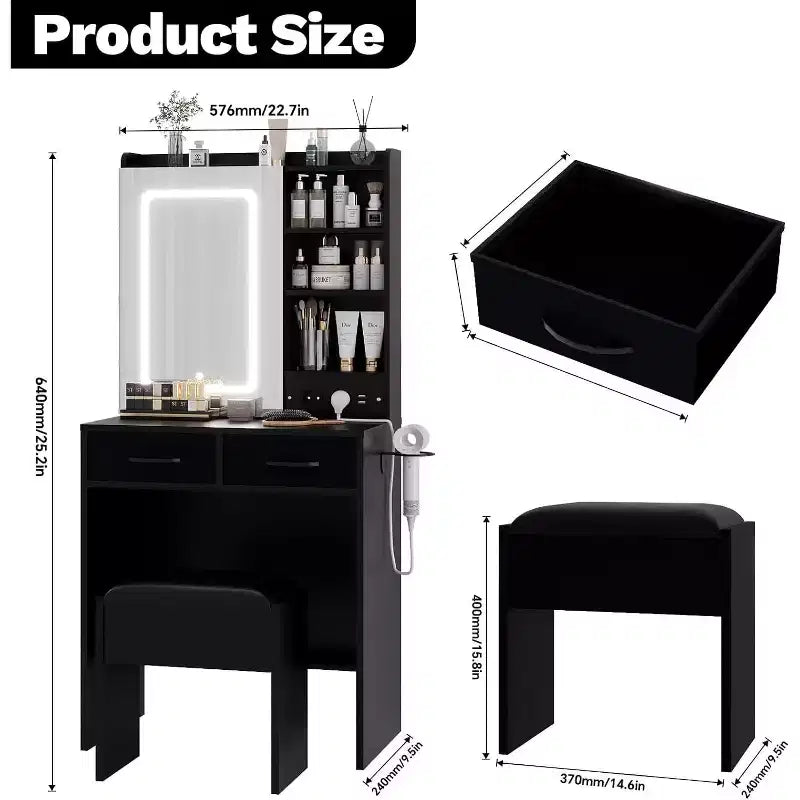 Small Vanity Desk with Mirror and Lights, Makeup Vanity Table with 2 Drawers & Open Shelves & Stool, Dressing Table Set for Bedroom