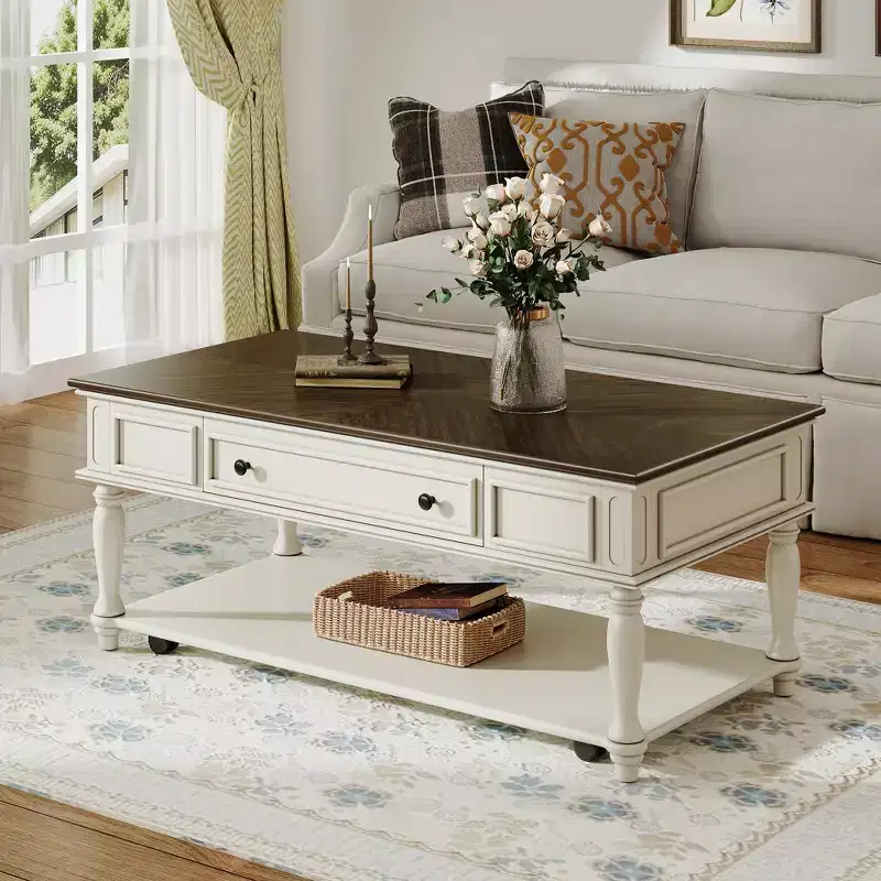 Coffee Table with Drawer and Lower Shelf, MDF Top, 4-Leg Base, 47.2 x 23.6 x 19.6 Inches