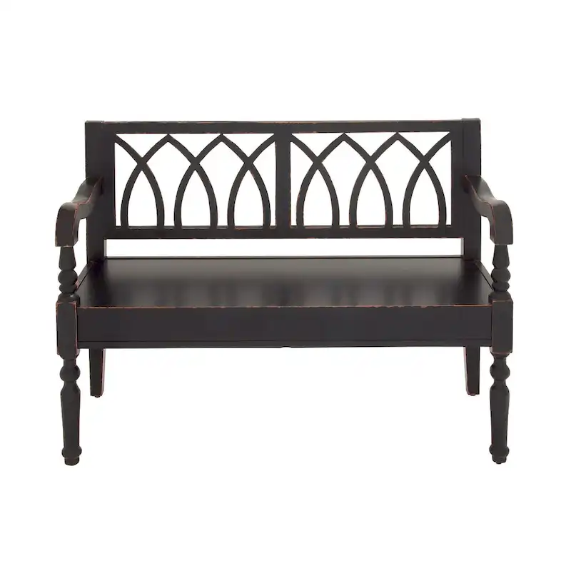 Wood Distressed Bench with Arched Design Back and Turned Legs - Black or White