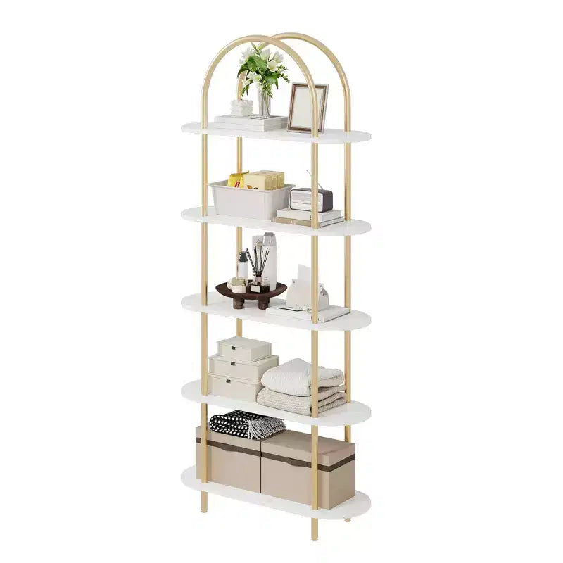 5-Tier Bookshelf, 71 Inch Tall Arched Bookcase, Metal Frame, Freestanding Display Rack, for Bedroom, Living Room, Gold & White