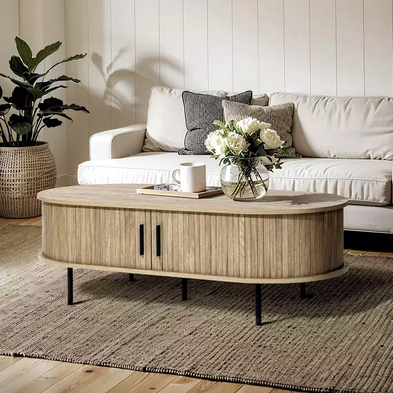 47" Oval Coffee Table with Sliding Door Storage, Mid Century Modern Fluted Design, Brown