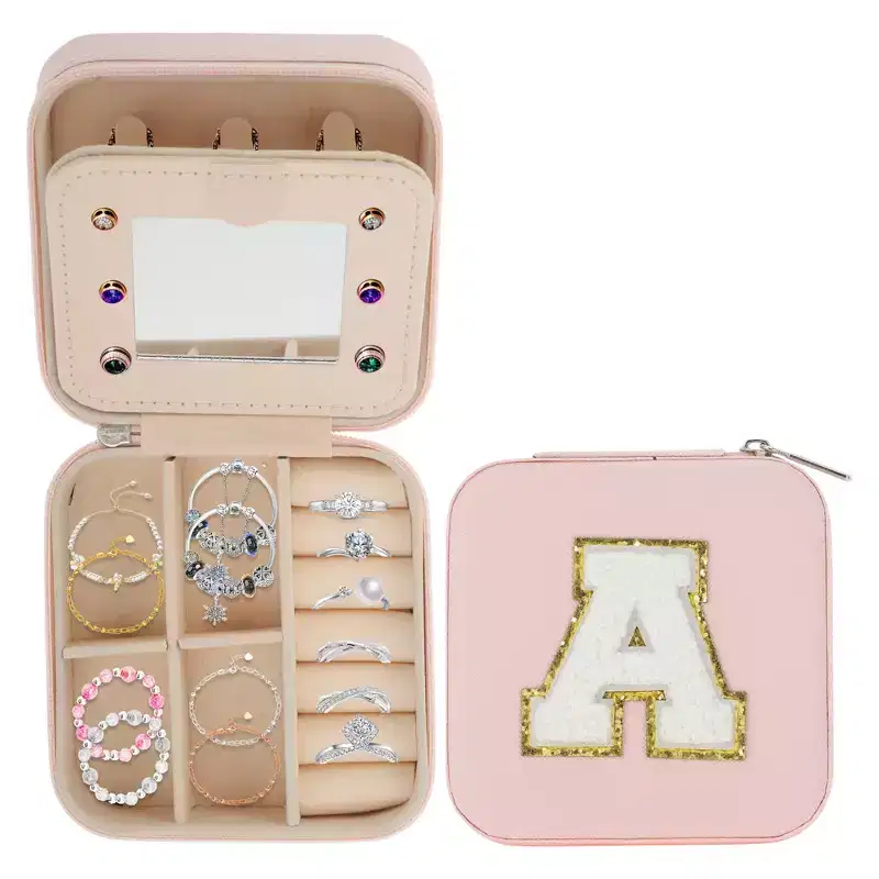 Unique Bargains Jewelry Storage Box with Mirror Letter A Travel for Necklace Earrings Ring Pink