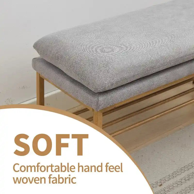 End of Bed Bench with Shelf, Linen Upholstered Storage Shoe Bench, Modern Bedroom Bench with Metal Legs