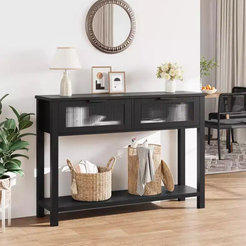 Black/Brown/Wood Color Modern Narrow Console Table with 2 Drawers, 2-Tier, 1-Person Assembly