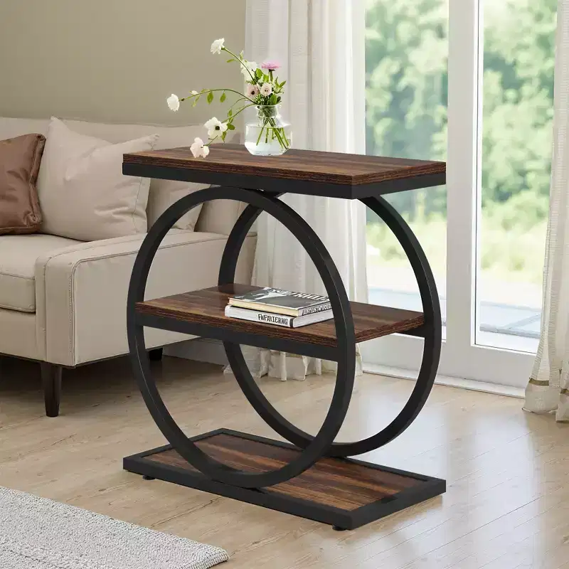 Rustic Industrial Side Table with 3-Tier Open Shelves - Set of 2