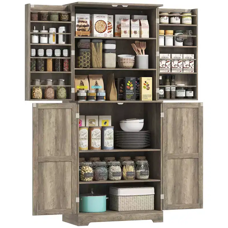 72" Gray/White Farmhouse Pantry Cabinet, 4 Barn Doors, 2-Person Assembly