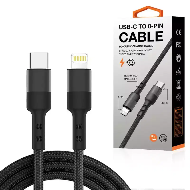 Reiko Power Delivery USB-C to 8-PIN Fast Charging & Sync Nylon-Braided 5FT Cable - two color options