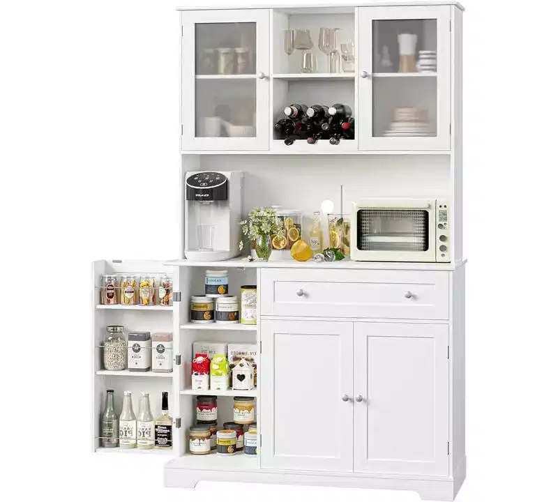 180,3 cm Tall Kitchen Pantry Cabinet �C Coffee Bar Hutch with Drawers & Open Countertop