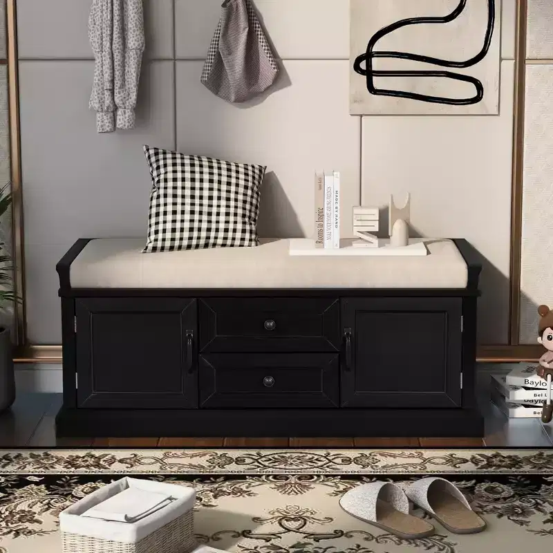 Shoe Storage Bench with 2 Drawers, 2 Cabinets, Removable Cushion for Living Room Entryway Hallway Foyer Laundry Room, 200 lbs Capacity