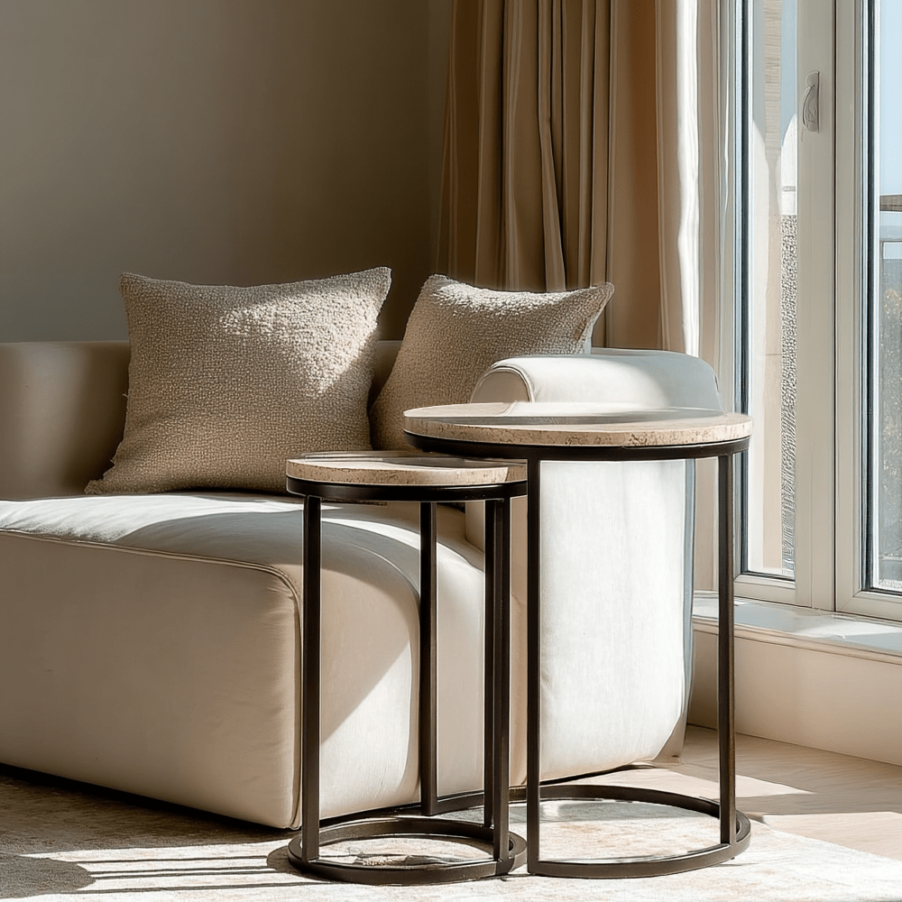Neutral Travertine Topped Nested Side Tables