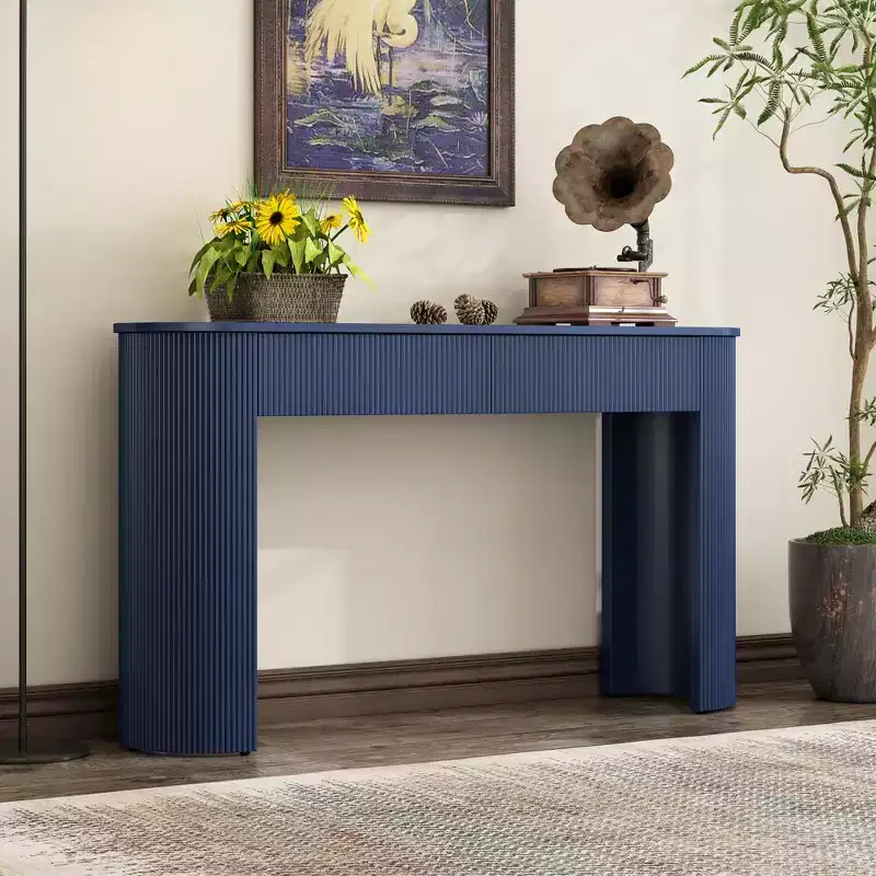 Fluted Console Table with Storage, Modern Wood Entryway Table with Drawers and Oval Top for Entryway and Living Room