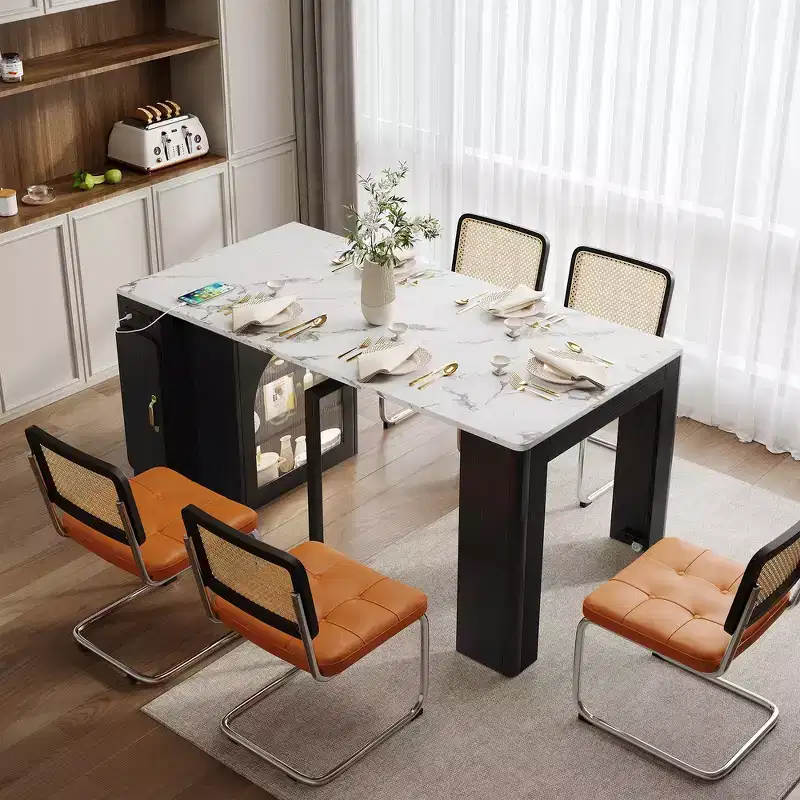 Whisen Extendable Dining Table, Mobile Rolling Island Table with 3 Removable Middle Leaves, Storage Cabinet