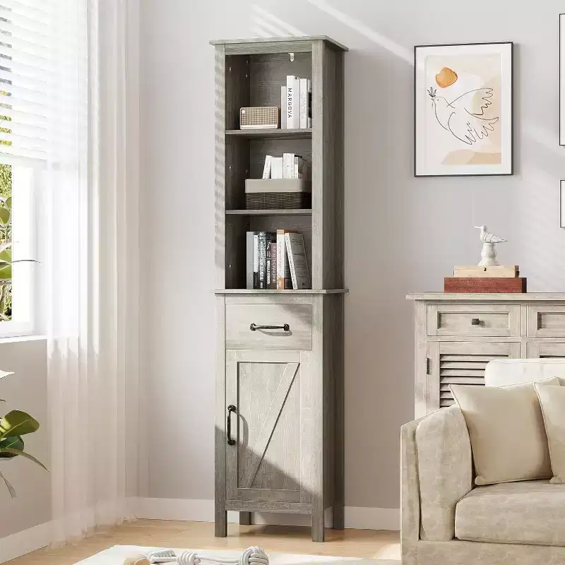 Tall Narrow Storage Cabinet with Door and Drawer – Grey