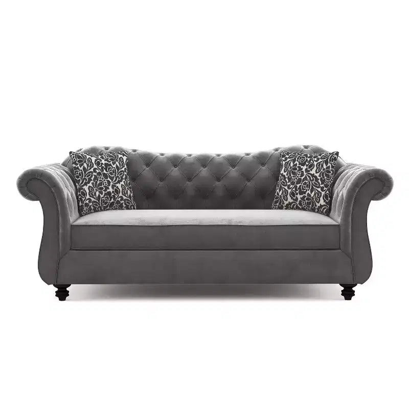 Button Tufted Velvet Sofa, 3-Seater with Wood Frame and Black Legs