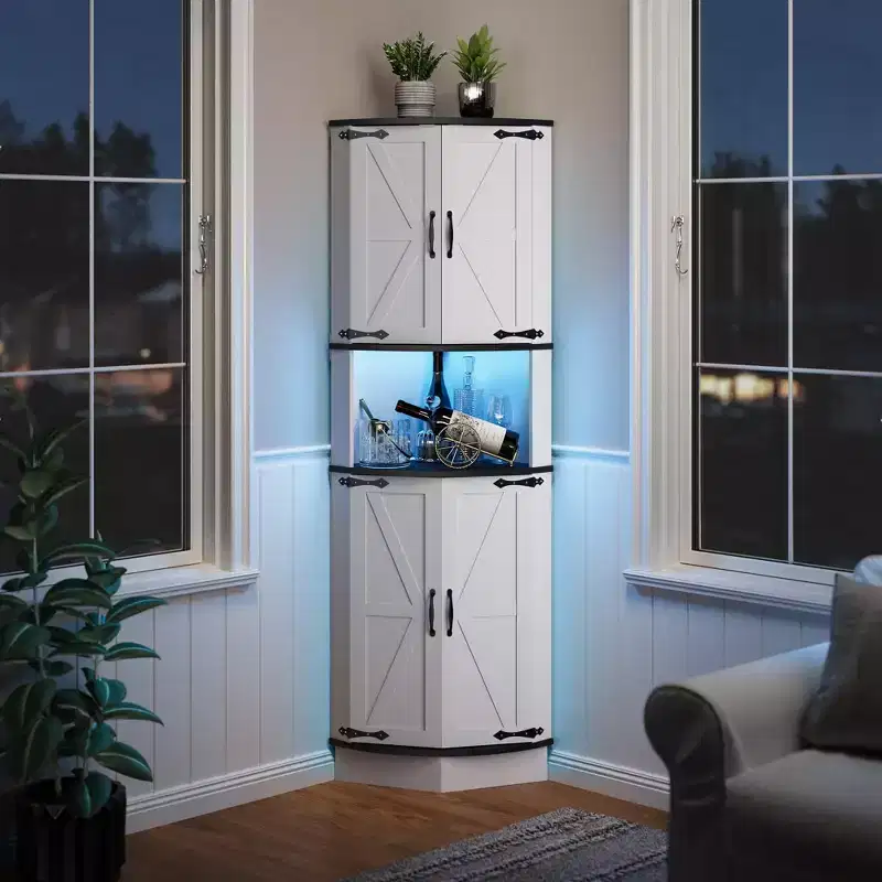 64.6 Farmhouse Style Corner Cabinet with Light, 4 Barn Doors & 5 Tier Shelves,Freestanding Bathroom, Kitchen, Living Room or Bar Storage Solution