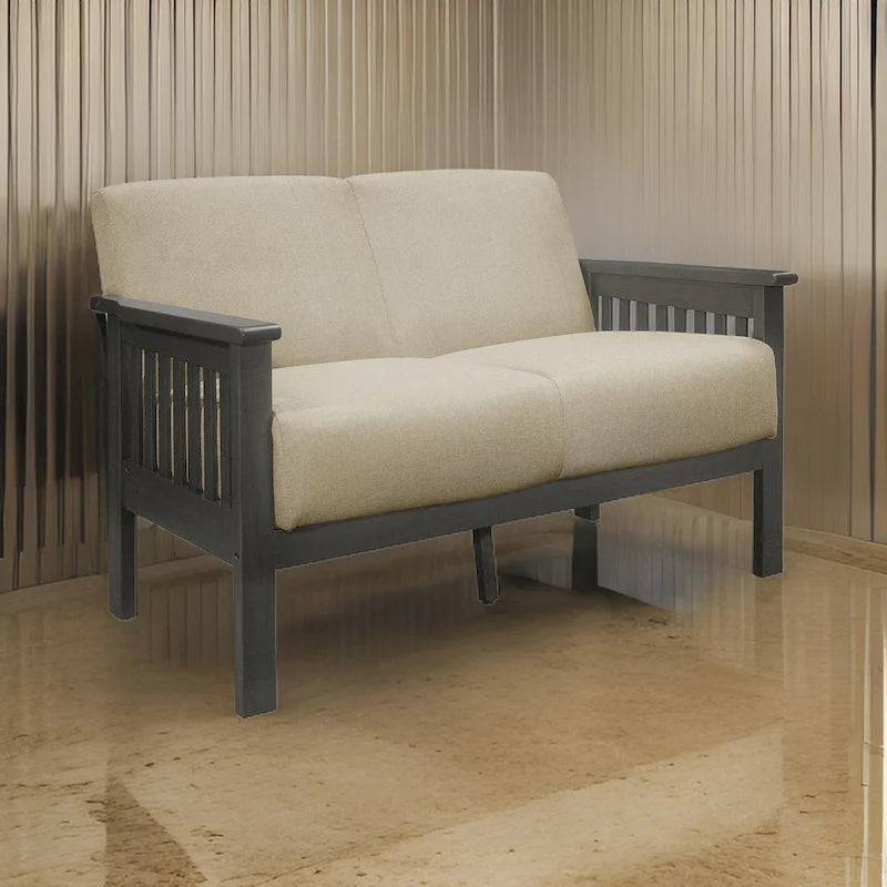50" Loveseat, Beige Polyester, Dark Gray Solid Rubberwood
