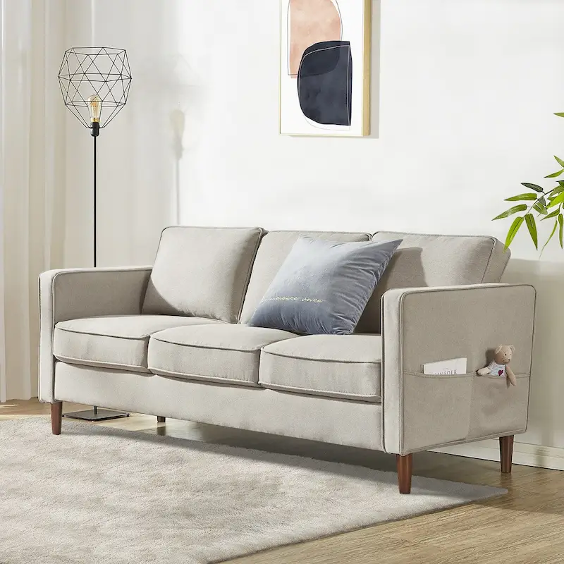 HANA Modern Linen Sofa w/ Arm Pockets by Crown Comfort