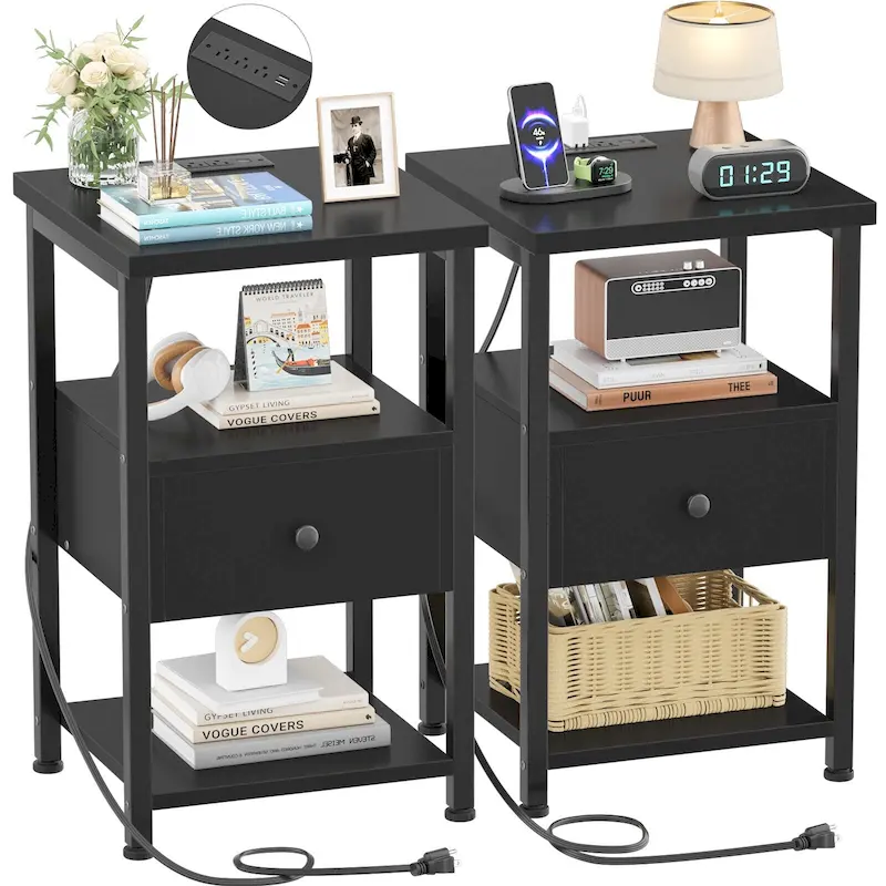 Set of 2 Nightstand with Charge Station and LED Light, End Table with Drawers