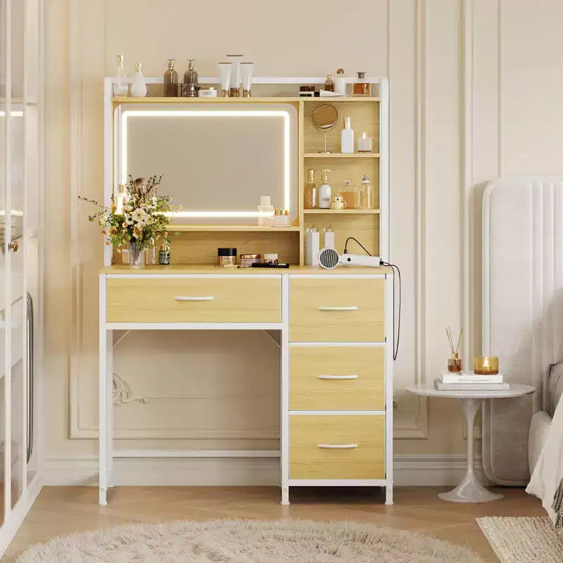 COZONY Vanity Desk with Mirror, 35.4 Makeup Vanity Table with Shelves & 4 Fabric Drawers, Modern Dressing Table for Bedroom