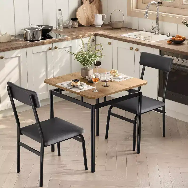 Dining Table Set for 3, Modern Wood Table and Chairs Set with 2 Upholstered PU Leather Chairs, 3-Piece Dinette Breakfast Nook, Small Places