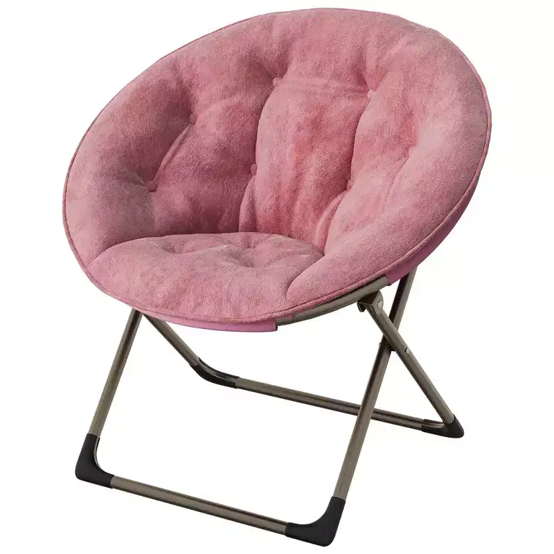 Coolmee Saucer Chair, Comfy Chair Faux Fur Lounge Moon Chair with Folding Metal Frame, Plush Flower Accent Seat for Bedroom, Dorm or Living Room