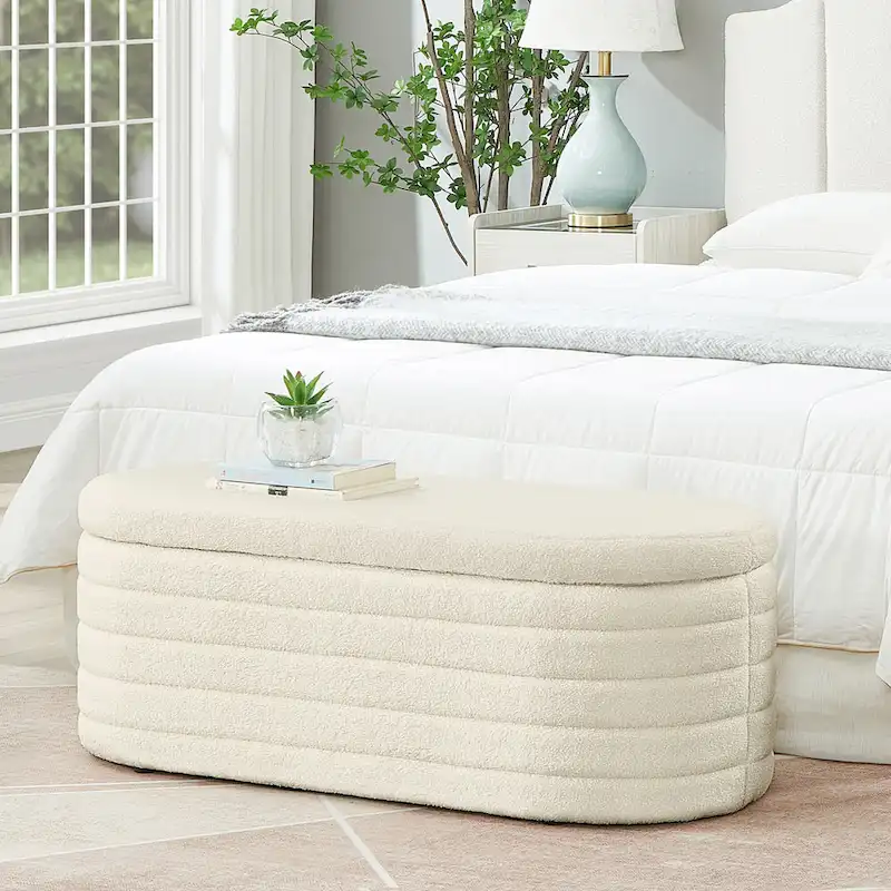 Teddy Fabric Upholstered Oval Storage Ottoman Bench, No assembly required