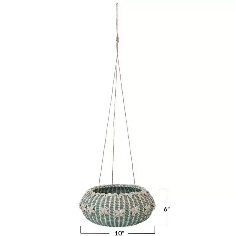 Storied Home Hanging Handwoven Rattan Planter with Shells and Jute Hanger, Aqua