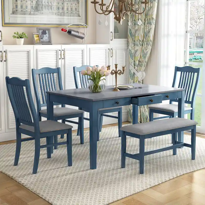 6 People Dining Table Set, 6 Piece Wood Dining Table Set with Storage Drawer, 4 Upholstered Dining Chair and Bench