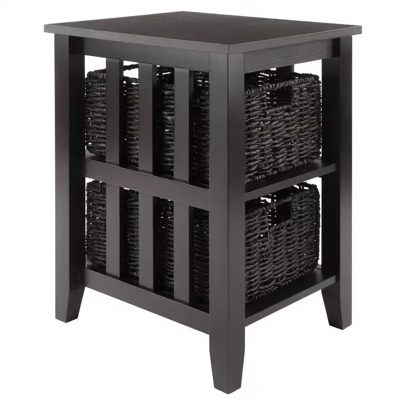 Morris Side Table with Baskets �C Espresso Wood, 2-Shelf Compact Storage
