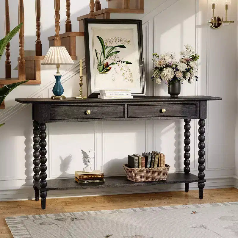 Retro Wood Console Table with 2 Drawers & Open Shelf, Entryway Accent Table for Living Room