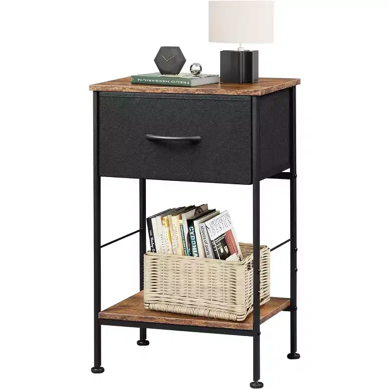 End Table with Fabric Storage Drawer, Bedside Furniture with Steel Frame, Side Table for Bedroom, Dorm, Easy Assembly