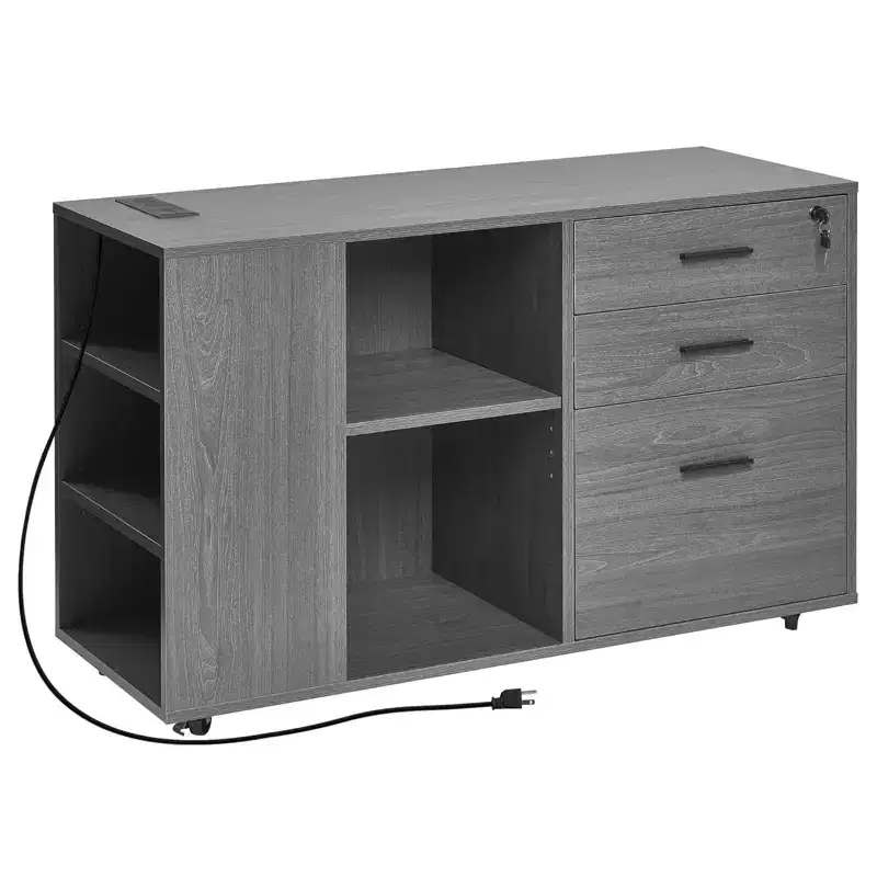 3 Drawer Wooden File Cabinet, Mobile Filing Cabinet with Power Strip, Lockable Rolling File Storage with Adjustable Shelves & 5 Wheels, Gray