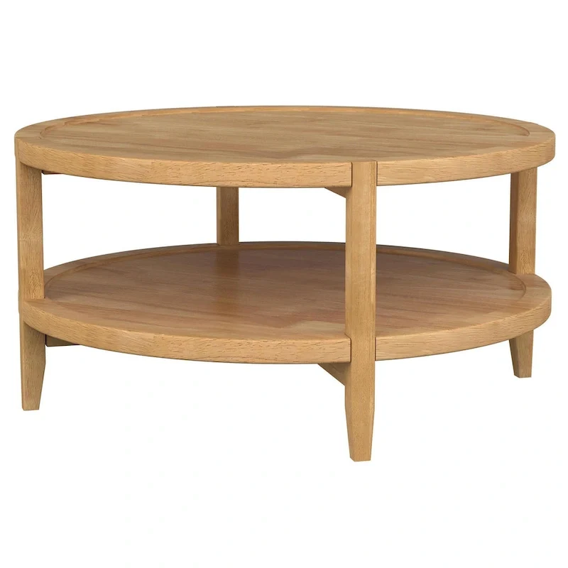 Coffee Table, 1 Shelf, Round Maple Brown Solid Wood, 36 Inch