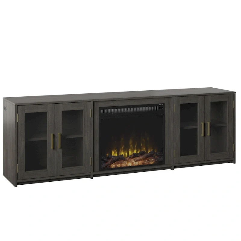 TV Stand with Electric Fireplace and Glass Cabinet Doors, Fits TVs up to 80