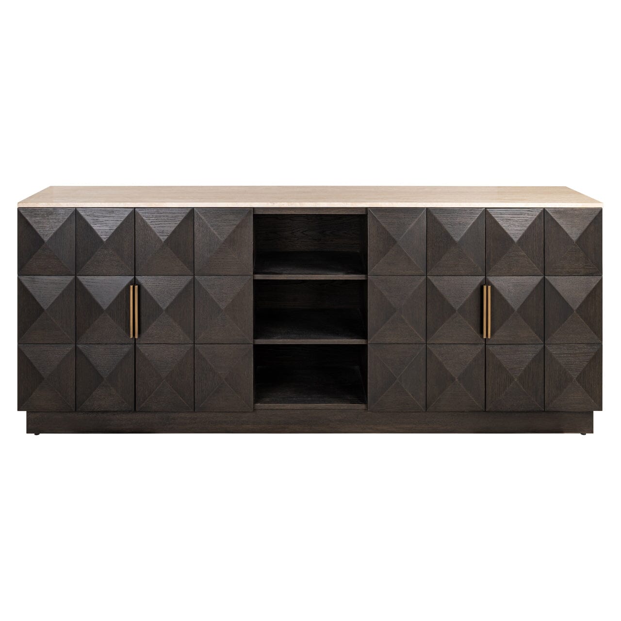 Deep Brown 4 Door Sideboard with Shelving & Travertine Top