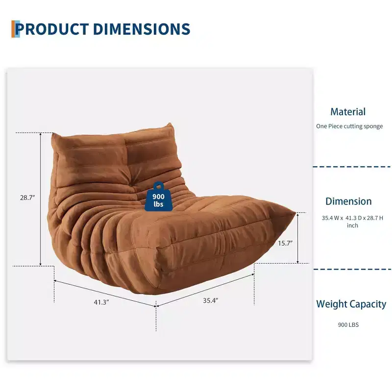 Hand-Tufted 35.4 Bean Bag Chairs, Waterproof Seamless One-Piece Memory Foam Loveseat with 900 lb Capacity for Living Room and Bedroom