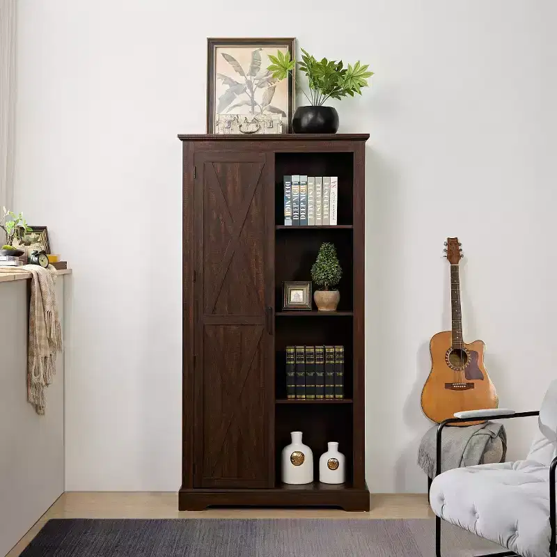 74 Tall Farmhouse Storage Cabinet, Rustic Engineered Wood Kitchen Pantry with Barn Door Style X-Door and Open Shelves - Panipeachy