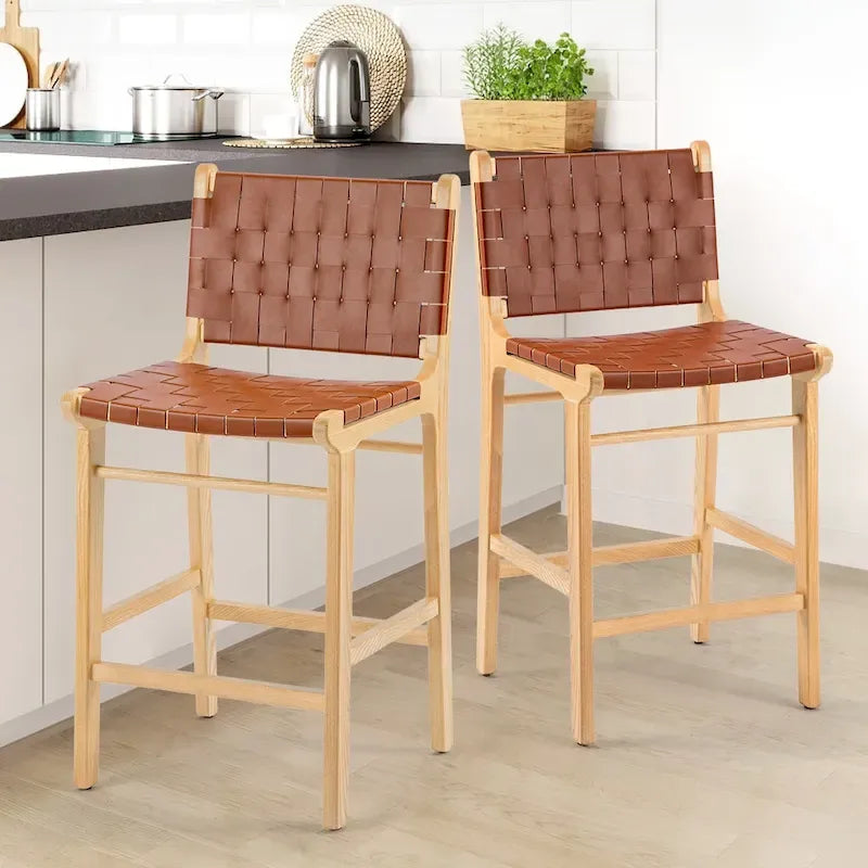 Woven Leather Counter Height Bar Stool, Ash Wood Frame, No Assembly