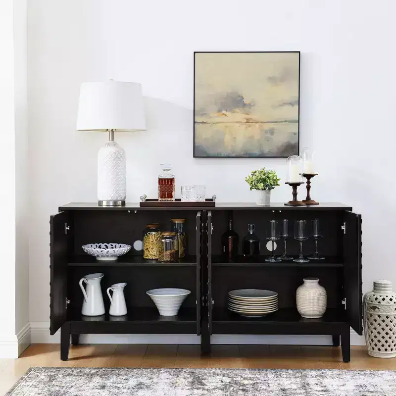 TUYOHW Buffet Cabinet,Buffet Table with Geometric Pattern,Adjustable Shelves,Outlet Holes,Sideboard TV Stand for Living Room,Kitchen,Dining Room,Black